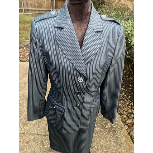 Harve Benard Vintage Denim Pinstripe Skirt Suit Lined Herringbone Jacket Sz10 - Picture 3 of 8